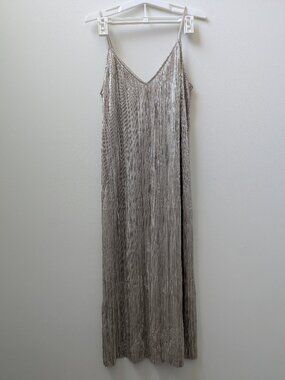 & Other Stories Metallic Gold Plisse Pleated Slip Midi Dress Paris Atelier US 6